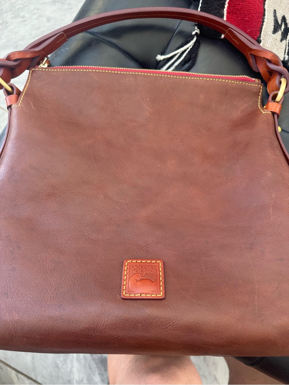 Dooney & Bourke Brown Leather Shoulder Bag with Red Trim